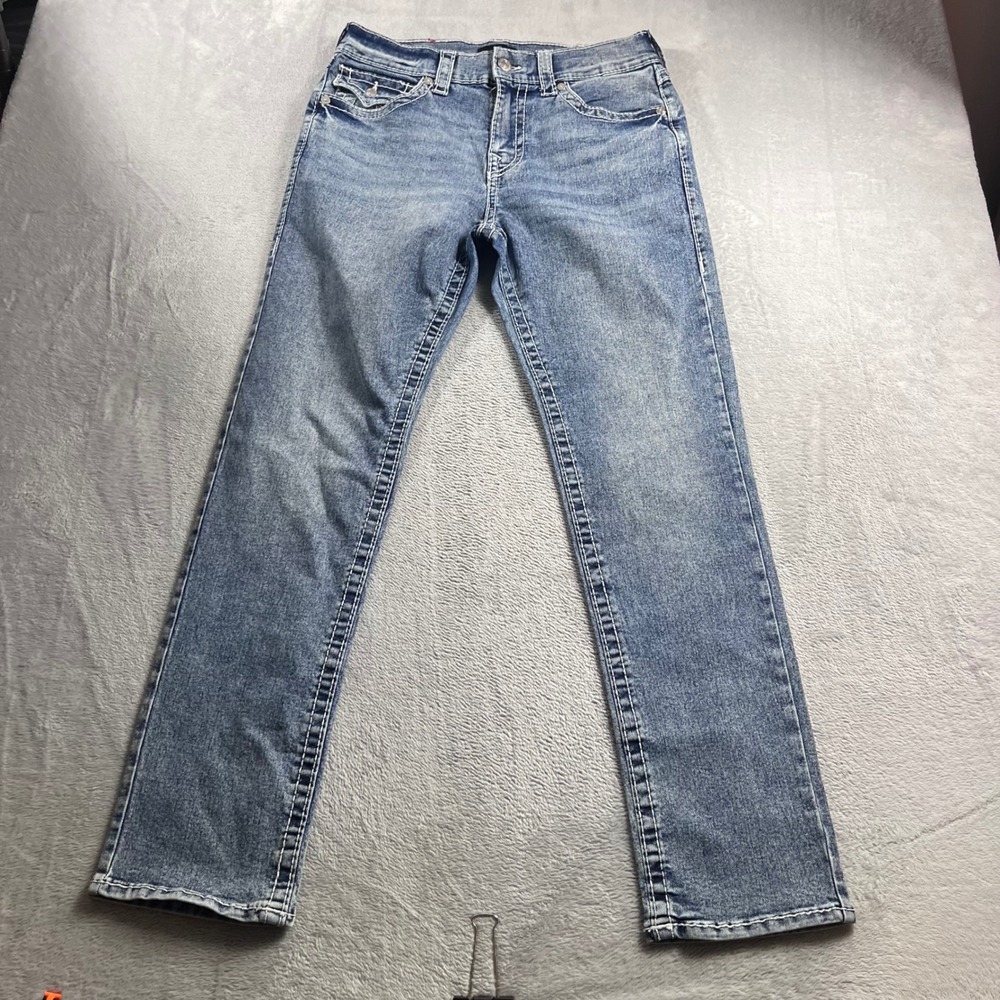 True Religion Geno Relaxed Slim Jeans Mens 33 Medium Wash Contrast Stitch Blue
